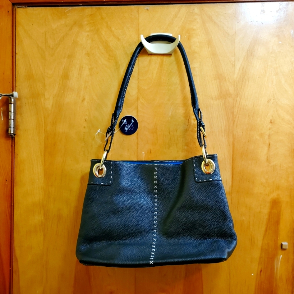 NWT Fontanelli Black Leather Hand Bag With Teal Suede Insert and Gold Accents